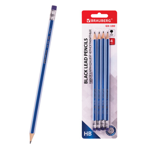 Набор карандашей чернографитных BRAUBERG "GX-100" 4 шт., HB, с ластиком, корпус синий, 181721 - фото 1