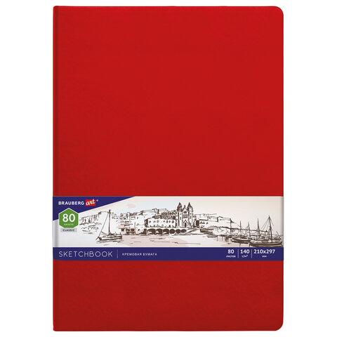 Скетчбук, слоновая кость 140 г/м2 210х297 мм, 80 л., КОЖЗАМ, резинка, BRAUBERG ART CLASSIC, красный, 113199 - фото 1