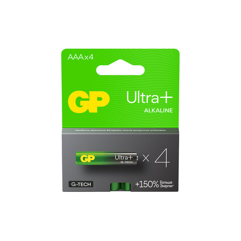Батарейки КОМПЛЕКТ 4 шт., GP Ultra Plus G-Tech, AAA (LR03), алкалиновые, мизинчиковые, 24AUPA21-2CRSB4 - фото 1