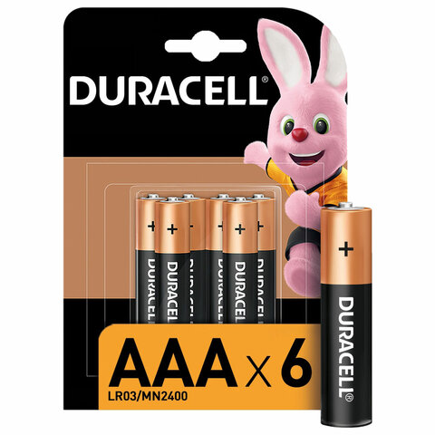 Батарейки КОМПЛЕКТ 6 шт., DURACELL Basic ОРИГИНАЛ, ААА (LR03, 24А), алкалиновые, мизинчиковые, Б0014858 - фото 1