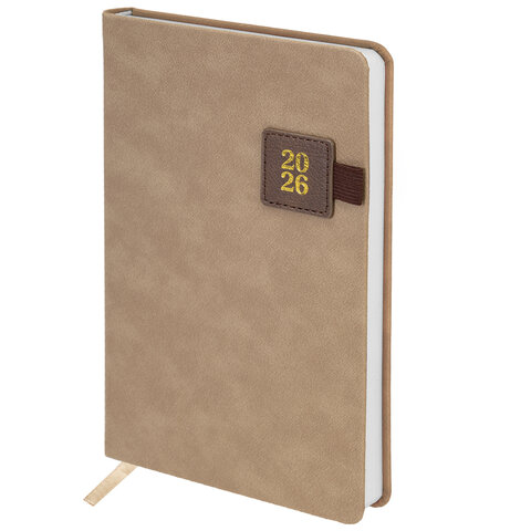 Ежедневник датированный 2026 А5 138х213 мм, BRAUBERG "Accent", под кожу, держатель, бежевый/коричневый, 117388 - фото 1