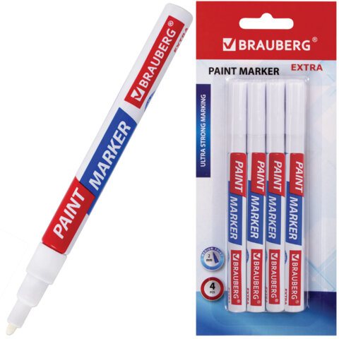 Маркер-краска лаковый EXTRA (paint marker) 2 мм, БЕЛЫЕ, НАБОР 4 шт., УСИЛЕННАЯ НИТРО-ОСНОВА, BRAUBERG, 151995 - фото 1