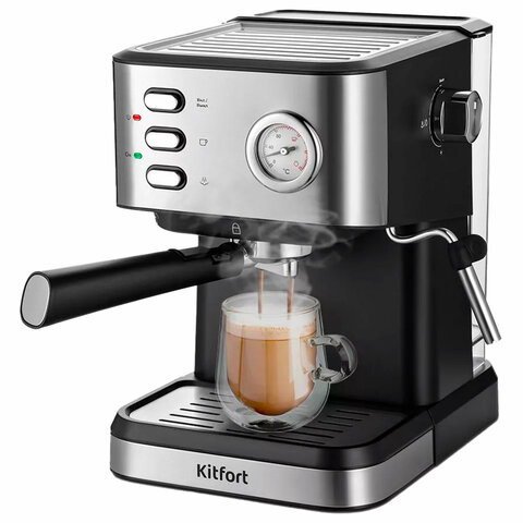 Кофеварка рожковая KITFORT КТ-7293, 1050 Вт, объем 1,5 л, 15 бар, ручной капучинатор, серебристая - фото 1