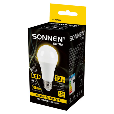 Лампа светодиодная SONNEN EXTRA, 12 (100) Вт, Е27, груша, теплый белый, 30000 ч, LED A60-12W-2700-Е27, 457894 - фото 3