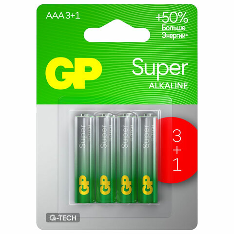 Батарейки КОМПЛЕКТ 4 шт., GP Super, AAA (LR03,24А), алкалиновые, мизинчиковые, ПРОМО 3+1, 24A3/1-2CR4 - фото 1