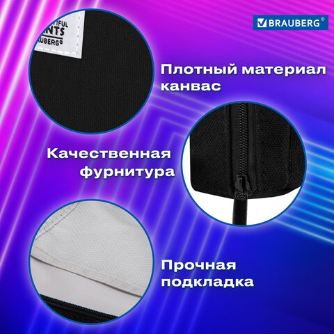Пенал-органайзер BRAUBERG, 1 отделение, С НАКЛЕЙКАМИ, молния вокруг, канвас, 22x15х6 см, черный, 273596 - фото 14
