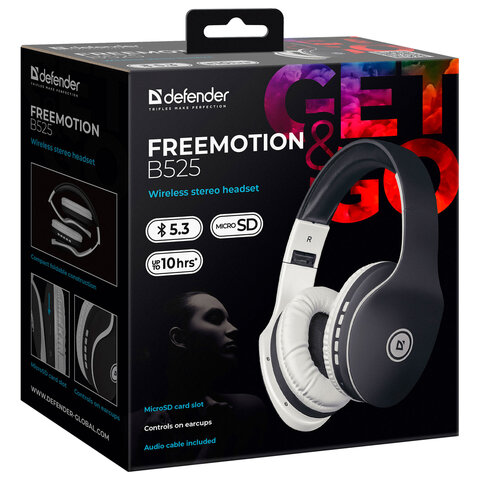 Наушники с микрофоном (гарнитура) DEFENDER FREEMOTION B525, Bluetooth, беспроводные, черные с белым, 63525 - фото 5