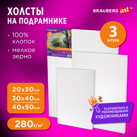 Холсты на подрамнике BRAUBERG ART DEBUT, НАБОР 3 шт., 280 г/м2, грунт, 100% хлопок, мелкое зерно, 191649 - фото 17