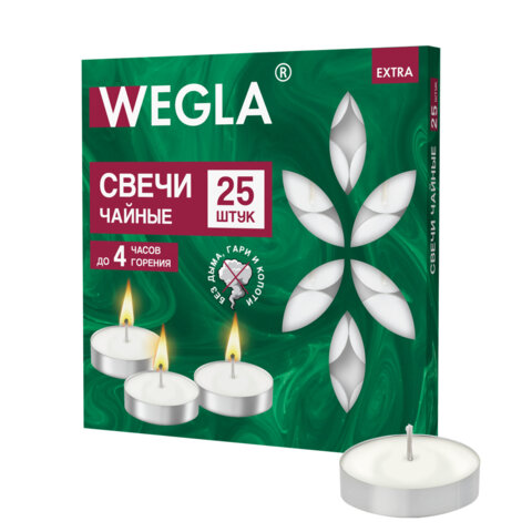 Свечи чайные литые в гильзе WEGLA (ВЕГЛА) EXTRA, до 4 часов горения, вес 10 грамм, КОМПЛЕКТ 25 штук, 702570 - фото 1