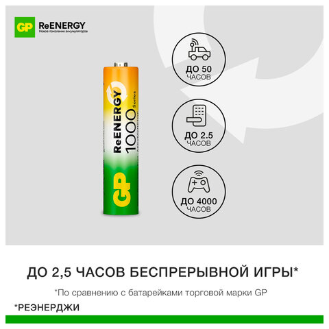 Батарейки аккумуляторные GP ReEnergy Ni-Mh мизинчиковые КОМПЛЕКТ 4 шт., ААА (HR03), 950 mAh, 100AAAHCRGY, 100AAAHCRGY-2C - фото 8