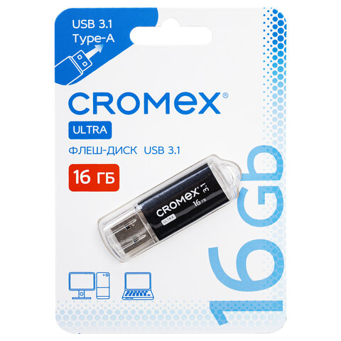 Флеш-диск 16 GB, CROMEX (КРОМЕКС) Ultra USB 3.1, металлический корпус, черный, 514162 - фото 1