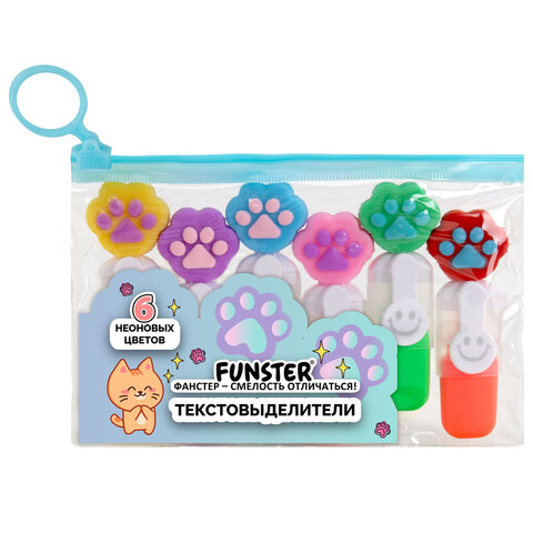 Набор текстовыделителей с топперами 6 ЦВЕТОВ НЕОН, "ЛАПКИ", линия 1-4 мм, FUNSTER (ФАНСТЕР), 152645 - фото 2
