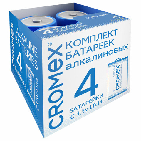 Батарейки алкалиновые КОМПЛЕКТ 4 шт., CROMEX Alkaline, C (LR14, 14А), короб, 456455 - фото 1