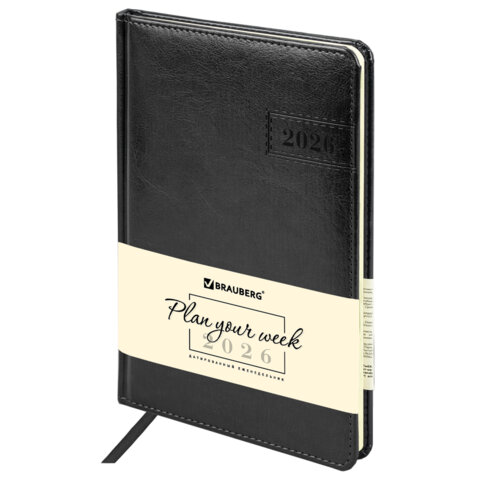 Еженедельник датированный 2026, А5, 145х215 мм, BRAUBERG "Imperial", под кожу, черный, 117175 - фото 1