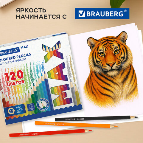 Карандаши цветные супермягкие яркие классические BRAUBERG MAX 120 цветов, шестигранные, натуральное дерево, грифель 3,3 мм, 182006 - фото 15