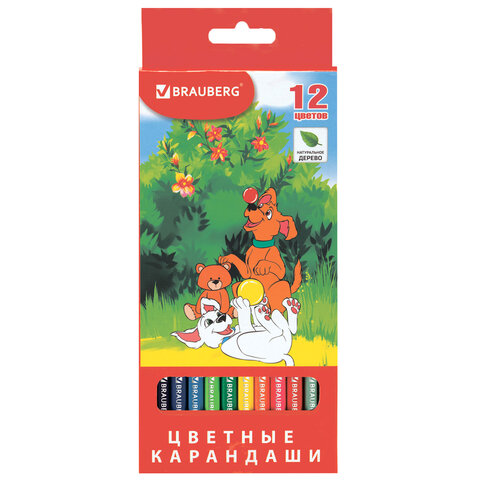 Карандаши цветные BRAUBERG "My lovely dogs", 12 цветов, шестигранные, грифель 3 мм, натуральное дерево, 180531 - фото 1