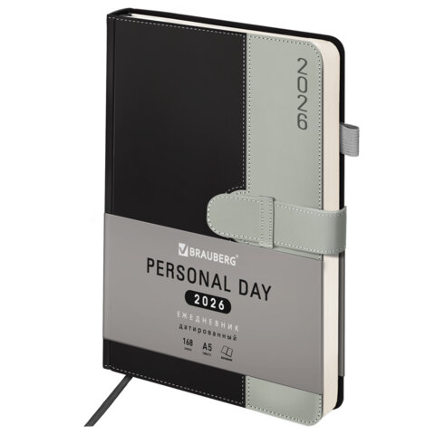 Ежедневник датированный 2026, А5, 138х213 мм, BRAUBERG "Esthetic", под кожу, держатель для ручки, застежка, черный/серый, 117372 - фото 1