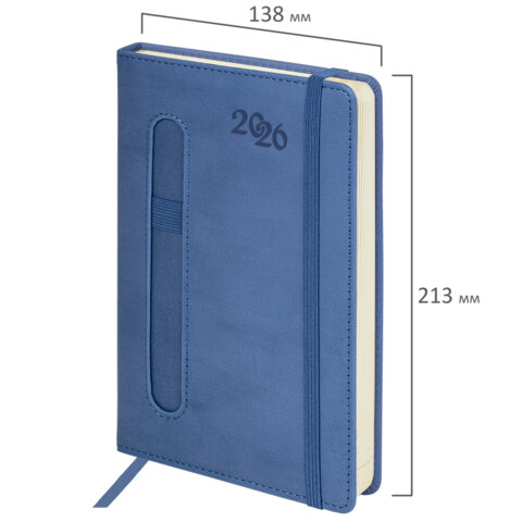 Ежедневник датированный 2026, А5, 138x213 мм, BRAUBERG "Optimal", под кожу, резинка, держатель для ручки, синий, 117464 - фото 2