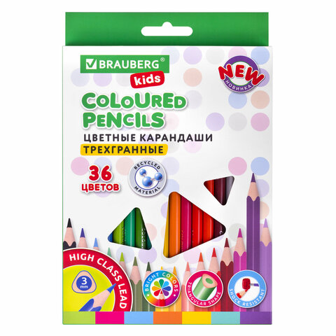 Карандаши цветные BRAUBERG KIDS NEW, 36 цветов, трехгранные, грифель 3 мм, 182003 - фото 1