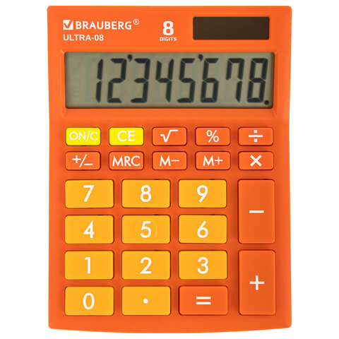 Калькулятор настольный BRAUBERG ULTRA-08-RG, КОМПАКТНЫЙ (154x115 мм), 8 разрядов, двойное питание, ОРАНЖЕВЫЙ, 250511 - фото 1