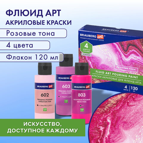Краски акриловые для техники "Флюид Арт" (POURING PAINT), 4 цвета по 120 мл, Розовые тона, BRAUBERG ART, 192238 - фото 8