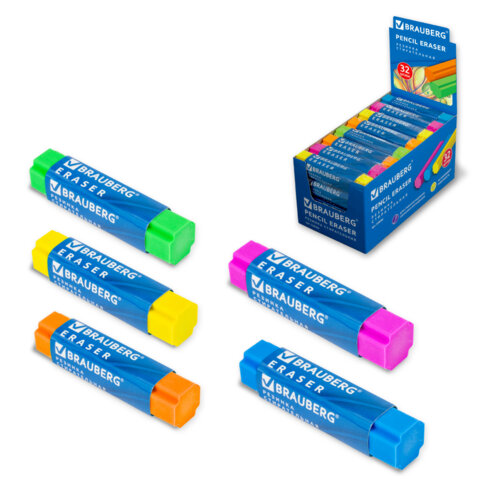 Ластик BRAUBERG "X-Erase", 68х15х15 мм, цвет ассорти, экологичный ПВХ, 228066 - фото 1