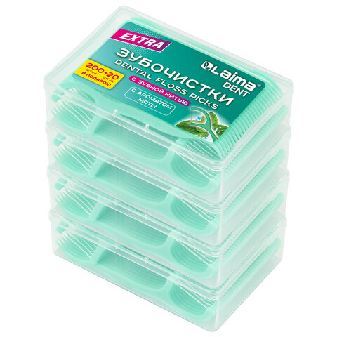 Зубочистки-флоссеры с зубной нитью "200 шт. (4х50 шт.) + 20 в подарок!", в боксе, ВКУС МЯТЫ, LAIMA DENT, 609407 - фото 2