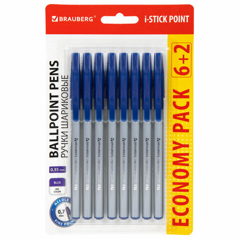 Ручки шариковые с грипом BRAUBERG "i-STICK POINT", НАБОР 6+2 ШТ., СИНИЕ, линия письма 0,35 мм, блистер, 144026 - фото 1