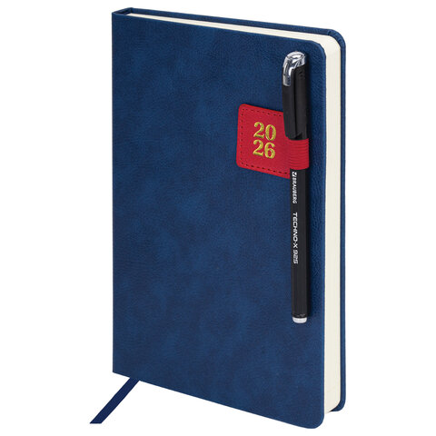 Ежедневник датированный 2026 А5 138х213 мм, BRAUBERG "Accent", под кожу, держатель, синий/красный, 117386 - фото 4