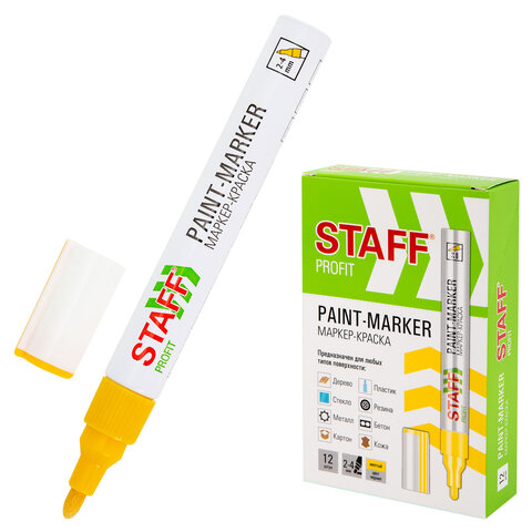 Маркер-краска лаковый (paint marker) 2-4 мм, ЖЕЛТЫЙ, НИТРО-ОСНОВА, STAFF PROFIT, для любых поверхностей, 152583 - фото 1