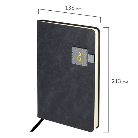 Ежедневник датированный 2026 А5 138х213 мм, BRAUBERG "Accent", под кожу, держатель, серый, 117385 - фото 2