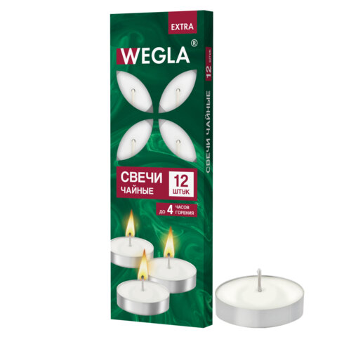 Свечи чайные литые в гильзе WEGLA (ВЕГЛА) EXTRA, до 4 часов горения, вес 10 грамм, КОМПЛЕКТ 12 штук, 702569 - фото 1