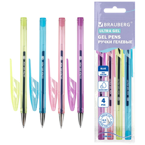 Ручки гелевые "BRAUBERG ULTRA GEL PASTEL", НАБОР 4 ШТУКИ, СИНИЕ, стандартный наконечник 0,5 мм, линия письма 0,35 мм, 144282 - фото 1