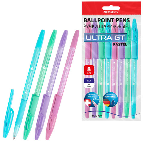 Ручки шариковые с грипом BRAUBERG "ULTRA GT PASTEL", НАБОР 8 ШТУК, СИНИЕ, узел 0,7 мм, линия 0,35 мм, 144532 - фото 14