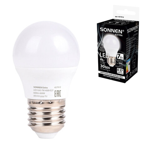 Лампа светодиодная SONNEN EXTRA, 7 (60) Вт, E27, шар, нейтральный белый, 30000 ч, LED G45-7W-4000-Е27, 457912 - фото 1