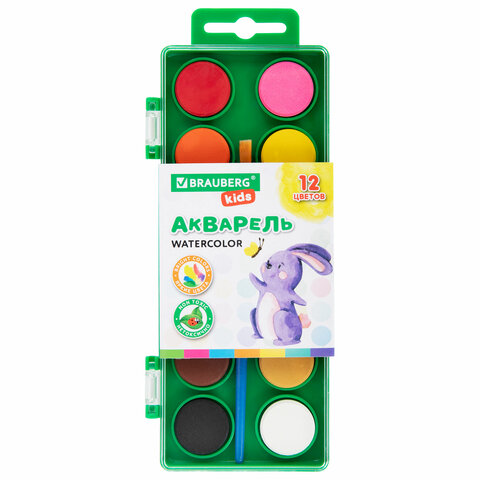 Краски акварельные BRAUBERG KIDS, 12 ярких цветов, круглые кюветы, пластиковый пенал, 191806 - фото 1
