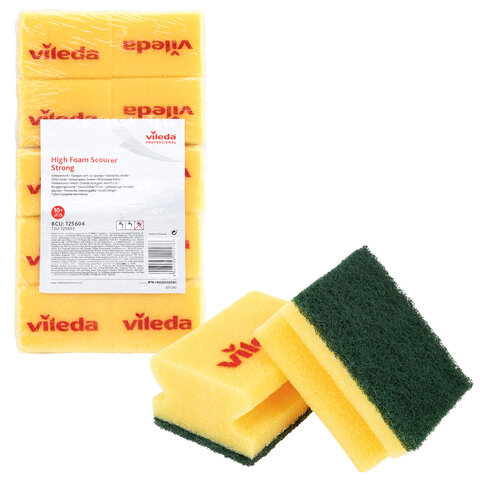 Губки VILEDA PROFESSIONAL профильные "Средняя жесткость" КОМПЛЕКТ 10 шт., желтые, ЗЕЛЕНЫЙ абразив, 9,5х7х4,5 см, 125604 - фото 1