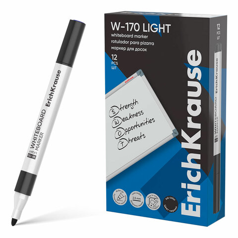 Маркер стираемый для белой доски, ЧЕРНЫЙ, ERICH KRAUSE "W-170 Light", круглый наконечник, 2,5 мм, 63567 - фото 1
