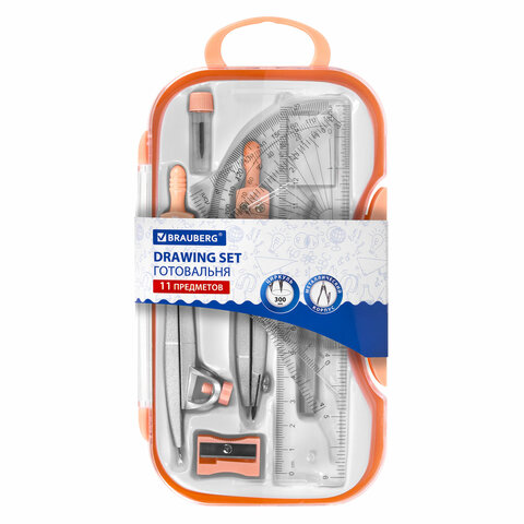 Готовальня BRAUBERG SCHOOL KIT, 11 предметов, циркуль 115 мм, циркуль 125 мм, чертежные принадлежности, персиковый цвет, 210717 - фото 1