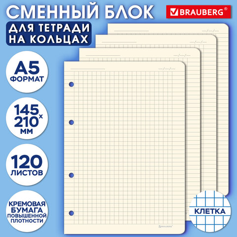 Сменный блок для тетради на кольцах А5 120 л., BRAUBERG, ПОВЫШЕННОЙ ПЛОТНОСТИ, кремовый, 403639 - фото 6