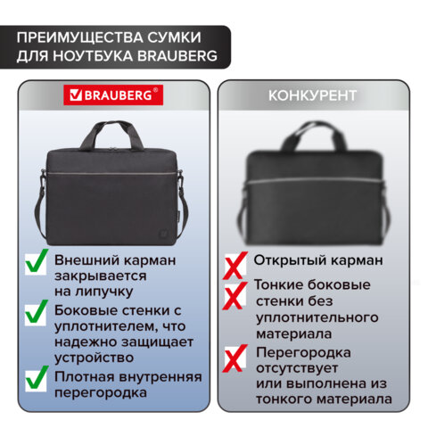 Сумка портфель BRAUBERG PRACTICAL с отделением для ноутбука 15,6", Grey line, черная, 29х40х7 см, 272604 - фото 18