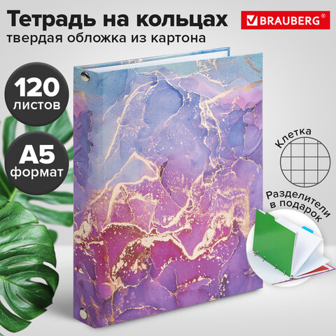 Тетрадь на кольцах А5 (175х215 мм), 120 листов, твердый картон, клетка, с разделителями, BRAUBERG, Marble, 404086 - фото 8