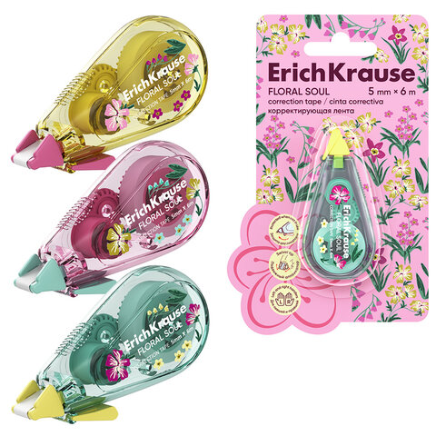 Корректирующая лента ERICH KRAUSE "Floral Soul", 5 мм х 6 м, корпус ассорти, блистер, европодвес, 62738 - фото 1