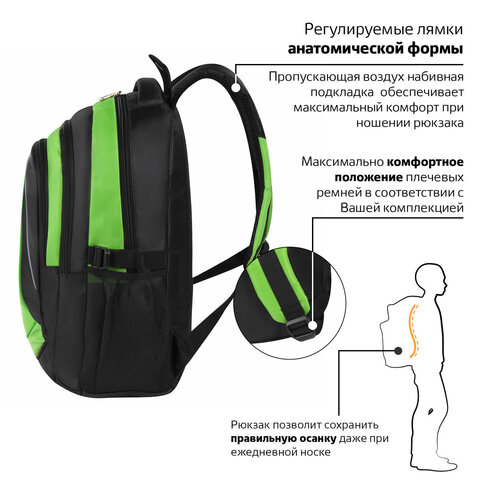 Рюкзак BRAUBERG HIGH SCHOOL универсальный, 3 отделения, "Лайм", черный/салатовый, 46х31х18 см, 225524 - фото 15