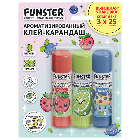 Клей-карандаш ароматизированный FUNSTER (ФАНСТЕР), клубника, лайм, черничный маффин, 25 г, ВЫГОДНАЯ УПАКОВКА, 3 штуки на блистере, 274271 - фото 1