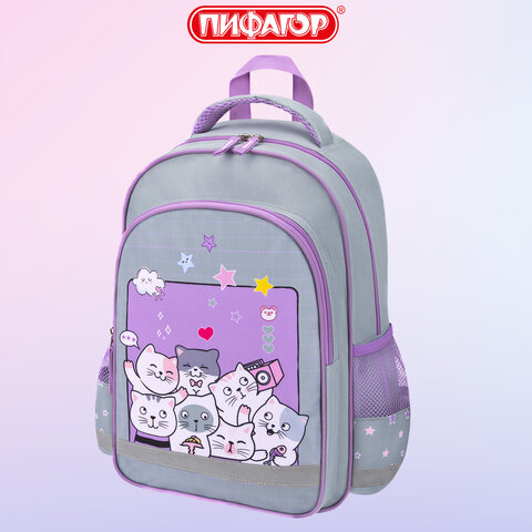 Рюкзак ПИФАГОР SCHOOL, 1 отделение, 3 кармана, "Cats selfie", 38x28х14 см, 273165 - фото 8