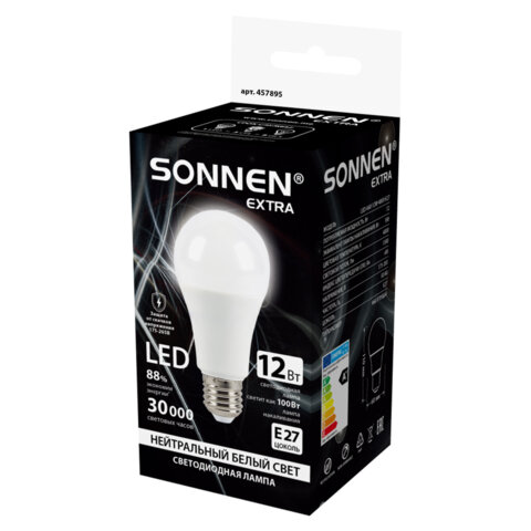 Лампа светодиодная SONNEN EXTRA, 12 (100) Вт, Е27, груша, нейтральный белый, 30000 ч, LED A60-12W-4000-Е27, 457895 - фото 3