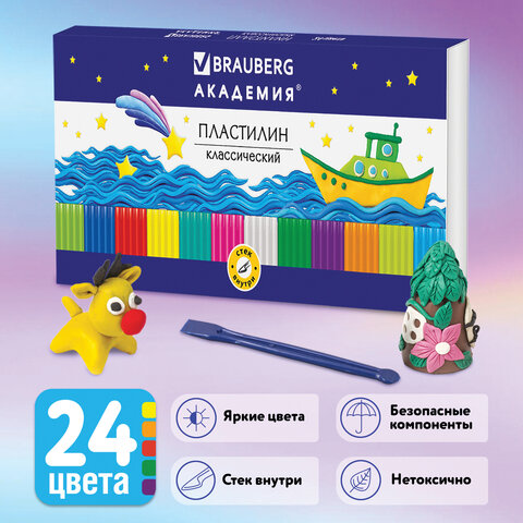 Пластилин классический BRAUBERG "АКАДЕМИЯ", 24 цвета, 480 г, со стеком, ВЫСШЕЕ КАЧЕСТВО, 105899 - фото 1