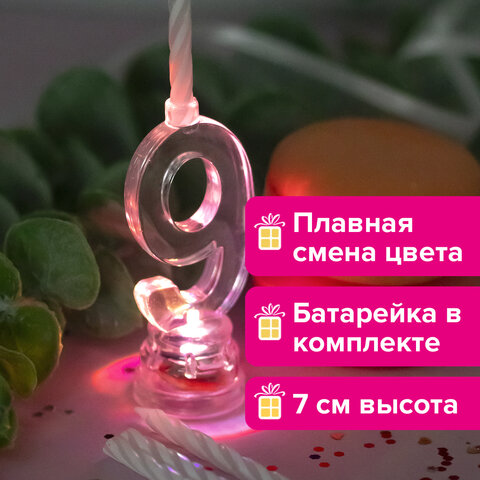 Цифра-подсвечник "9" светодиодная, ЗОЛОТАЯ СКАЗКА, в наборе 4 свечи 6 см, 1 батарейка, 591432 - фото 5