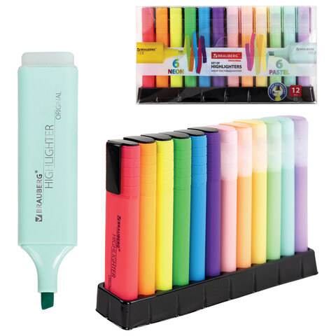 Набор текстовыделителей 12 ЦВЕТОВ на подставке, BRAUBERG "ORIGINAL NEON", линия письма 1-5 мм, 152217 - фото 1